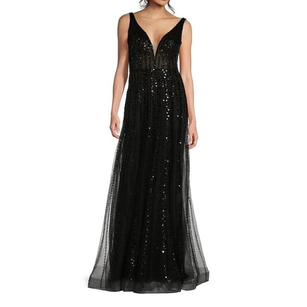 GB Social Beaded Deep V-Neck Beaded Tulle Gown Black Size 3